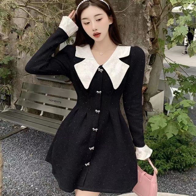 Everose-Long-Sleeve Collared Two Tone A-Line Dress