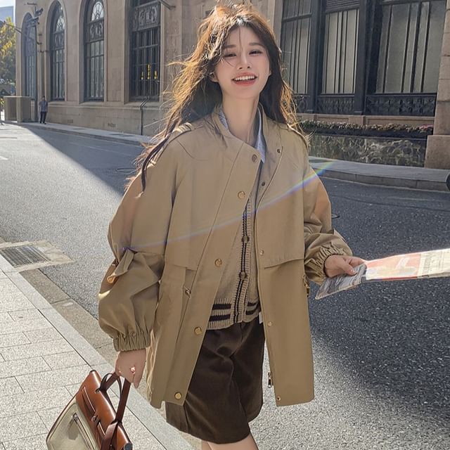 JVL-Stand Collar Plain Trench Jacket