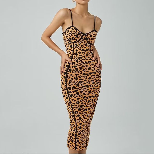 leopard print midi bodycon dress Ruched Bodycon Gown with Metal Hardware main image 1