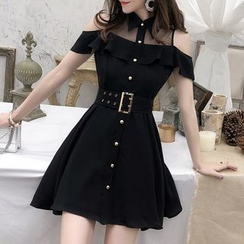 Yilda - Mesh Panel Short-Sleeve A-Line Dress Yilda - Mesh Panel Short-Sleeve A-Line Dress