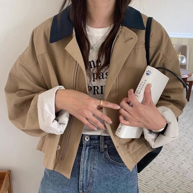Janerium-Contrast Collar Zip Shirt Jacket