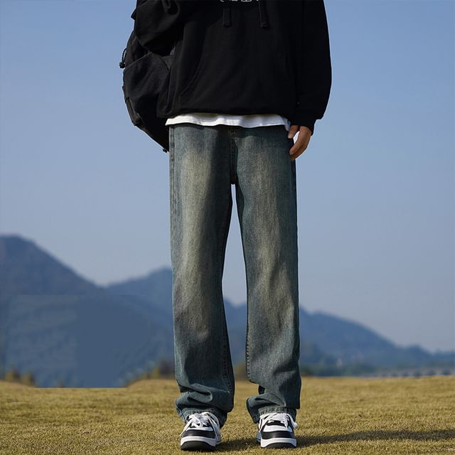 FOEV-Mid Rise Washed Straight Leg Jeans