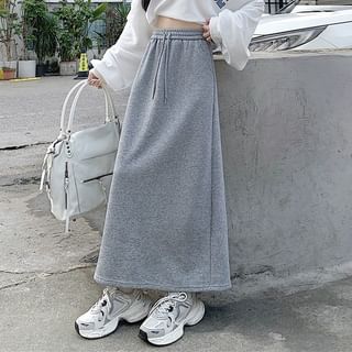 Secolo - Drawstring Waist Plain Fleece-Lined Slit Maxi A-Line