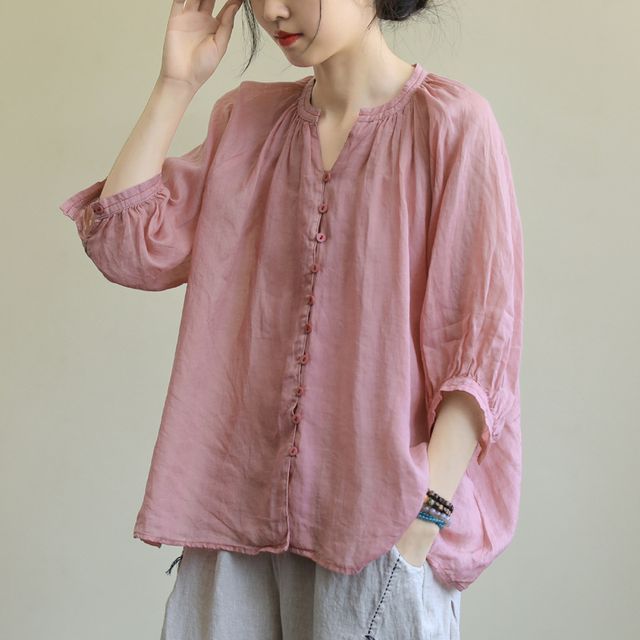Lewwe-Puff-Sleeve V-Neck Linen Blouse