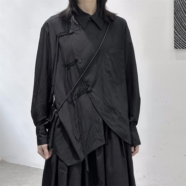 SIMPLE BLACK-Long Sleeve Asymmetrical Oversized Shirt