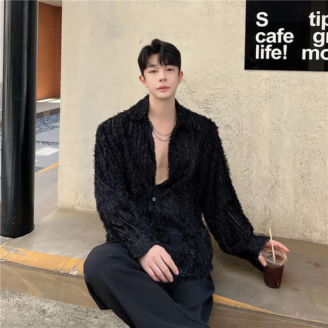 Omozando-Long Sleeve Collared Plain Fringe Shirt
