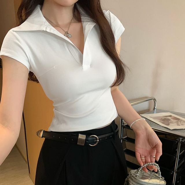 Asiris-Cap-Sleeve Collared Plain Slim Fit Crop Tee