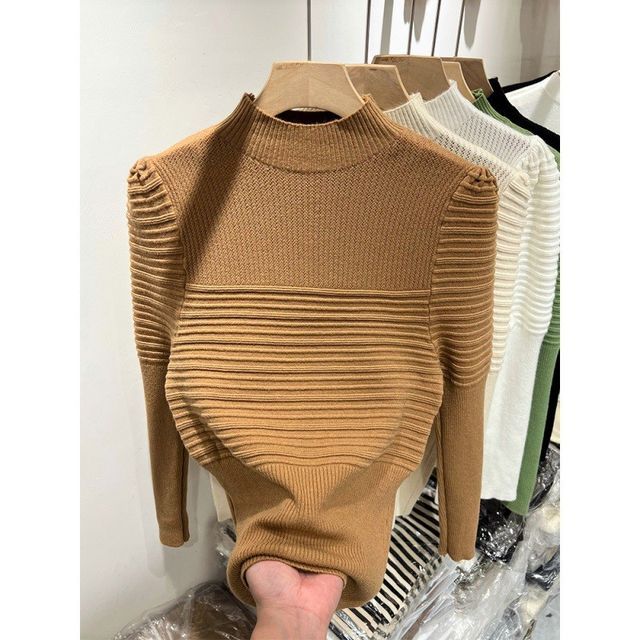 Inchioh-Long-Sleeve Mock Neck Plain Knit Top