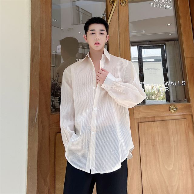 white sheer dress shirt LONG SHEER BUTTON UP SHIRT