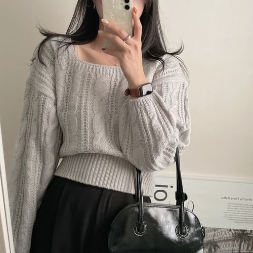 Kira Kira - Square Neck Plain Cropped Cable Knit Sweater | YesStyle