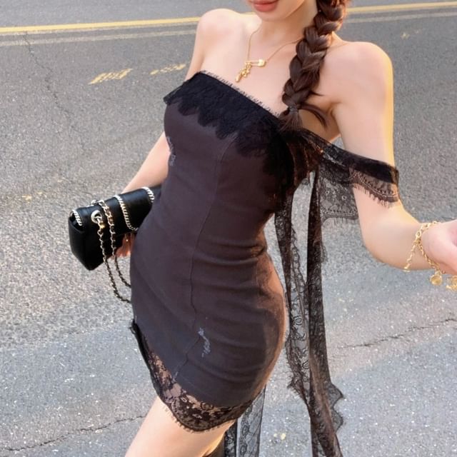 Strawolf-Strapless Lace Trim Mini Bodycon Dress