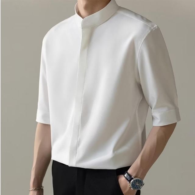 Banash-Short-Sleeve Stand Collar Plain Concealed Button Shirt