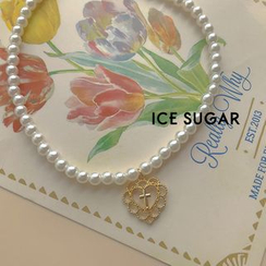 ICE SUGAR - Alloy Cross Heart Pendant Faux Pearl Necklace ICE SUGAR - Alloy Cross Heart Pendant Faux Pearl Necklace