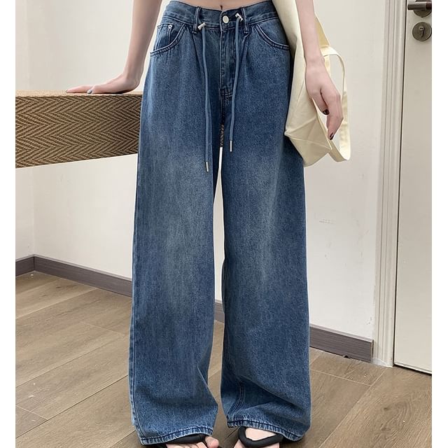 Maisee-Drawstring Waist Washed Wide Leg Jeans