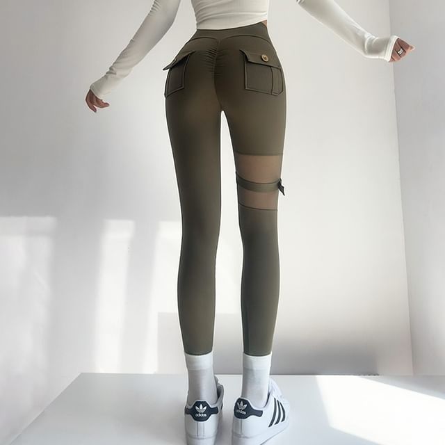 Faiar-High Waist Plain Mesh Panel Yoga Leggings