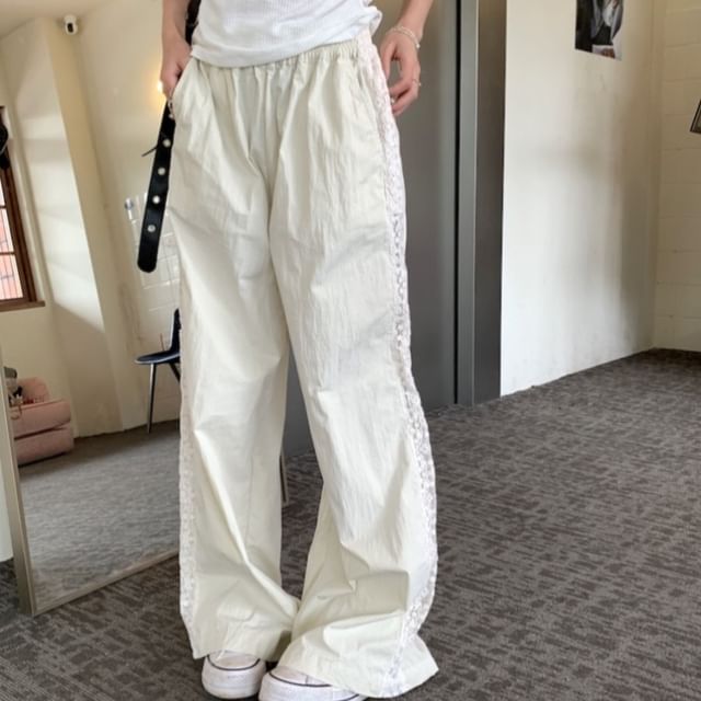 Shinsei-Elastic Waist Lace Panel Wide Leg Pants