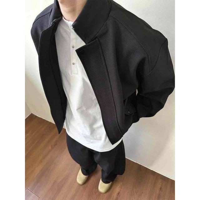 Orungeetun-Stand Collar Plain Zip Jacket