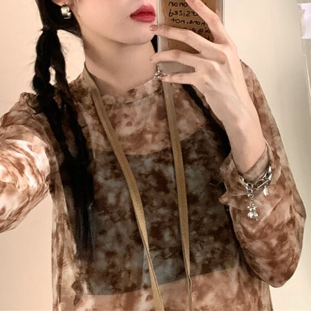 Essere-Long-Sleeve Crew Neck Tie Dye Sheer Tee