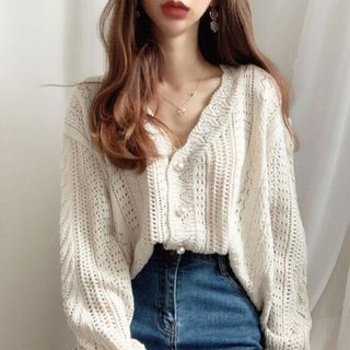 Women's White Crochet Lace Pointelle Knit Sweater