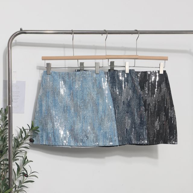 Allinya-Mid Rise Sequin Mini A-Line Skirt