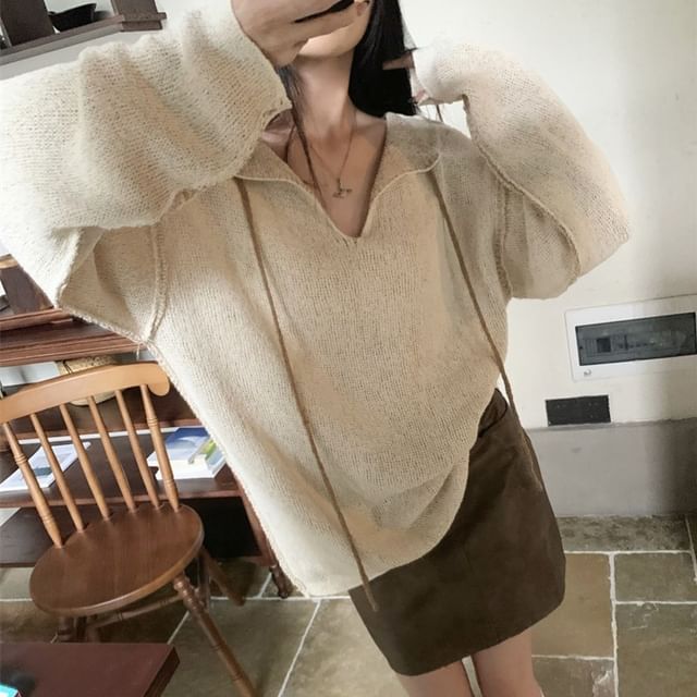 Beem-Collared V-Neck Plain Oversized Sweater