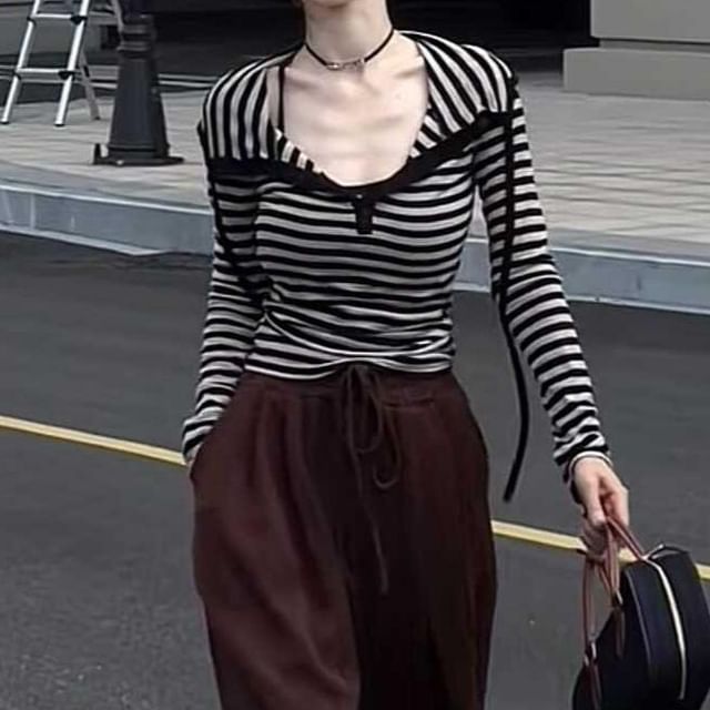 Shinsei-Long Sleeve Henley Striped Hood Top