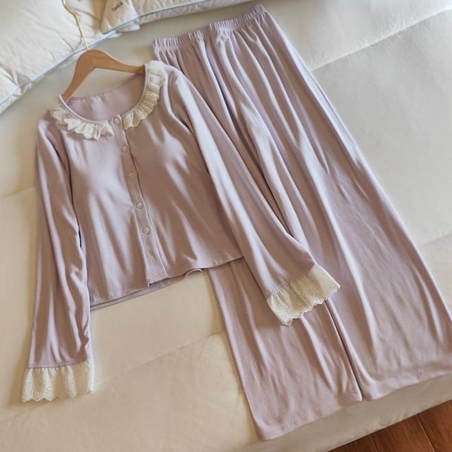 Dazzli-Pajama Set Plain Lace Trim Shirt Pants