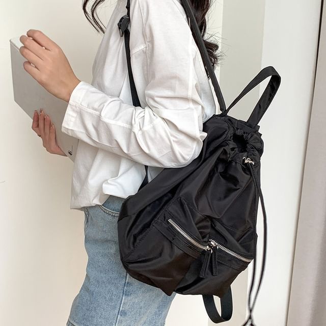 FAYLE-Plain Drawstring Nylon Backpack