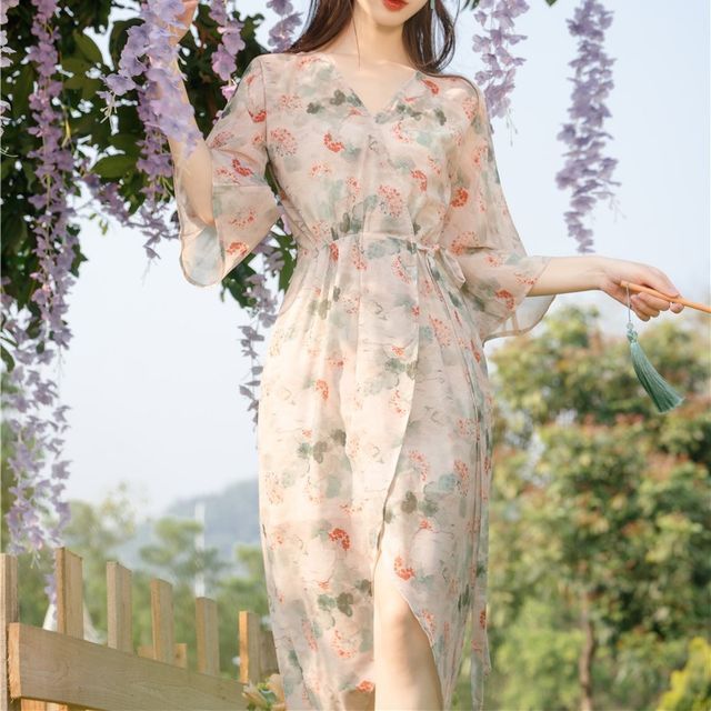 Pantho Set: 3/4-Sleeve Floral Midi Wrap Dress Mini Slip Dress