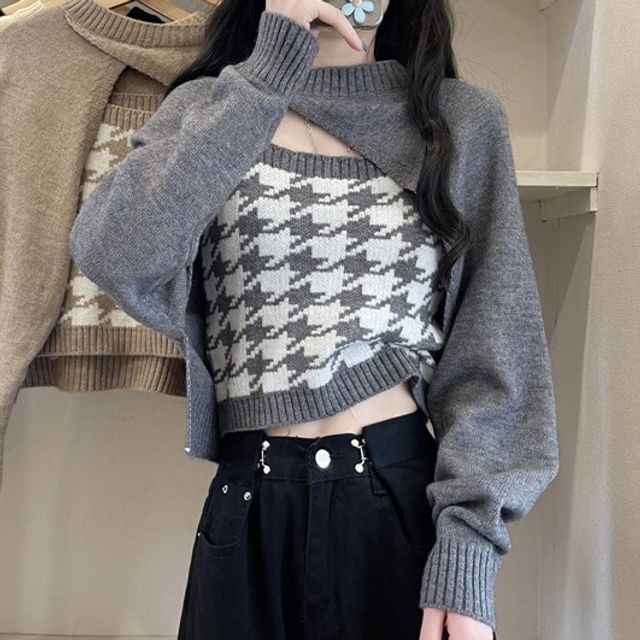 Moon City - Set: Cropped Sweater + Houndstooth Knit Top