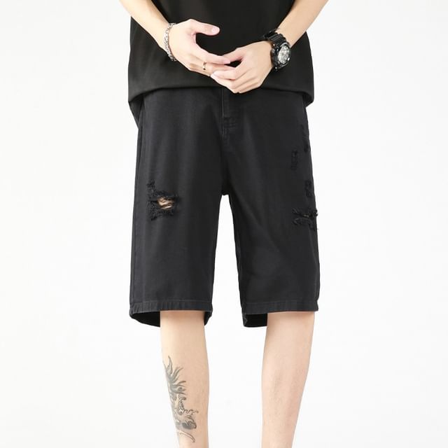Lefitt-Mid Rise Distressed Denim Shorts