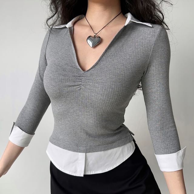 Sinora-34-Sleeve V-Neck Collared Crop Top