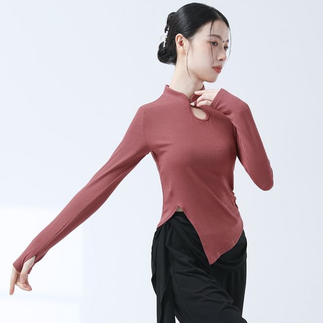 femmal-Long-Sleeve Stand Collar Cutout Asymmetrical Plain Top