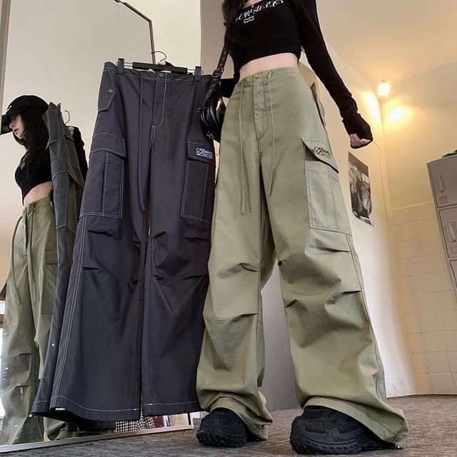 Shineon Studio-High Rise Plain Wide Leg Cargo Pants
