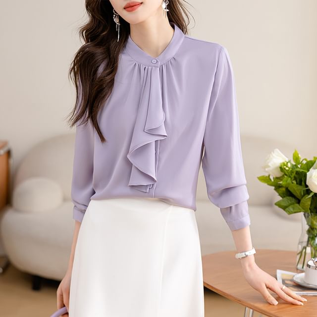 Dragan Pulse-Long-Sleeve Ruffle Plain Blouse