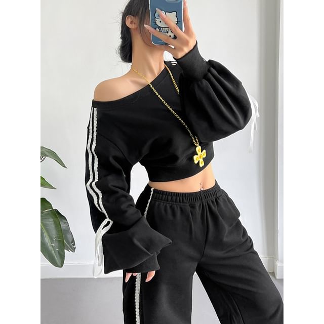 KUMI-One-Shoulder Striped Cropped Sweatshirt with Tie