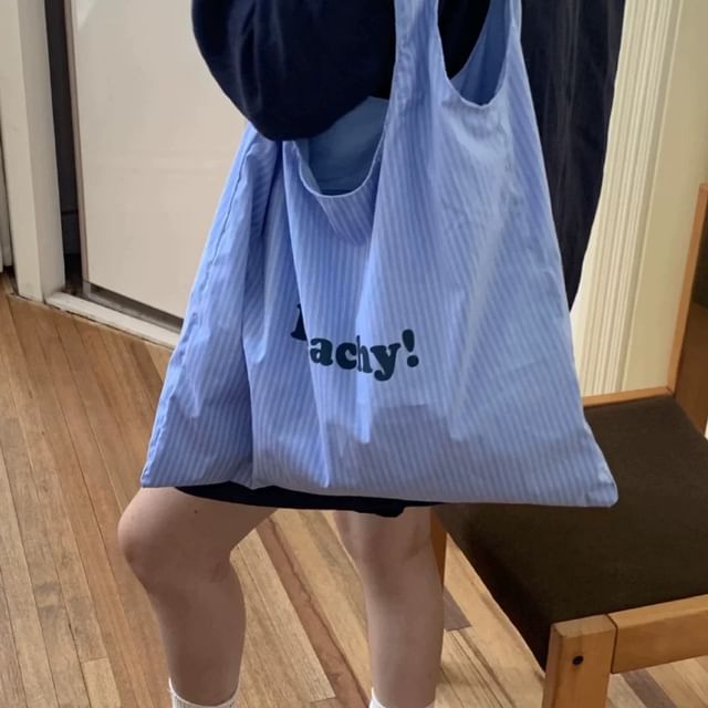 Indenis-Lettering Striped Canvas Tote Bag