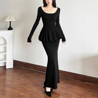 Sugarcoat Long Sleeve Scoop Neck Plain Peplum Maxi Sheath Dress Sale