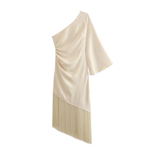 Orange Ace - Flared-Sleeve One-Shoulder Plain Fringed Hem Midi Sheath Dress  | YesStyle
