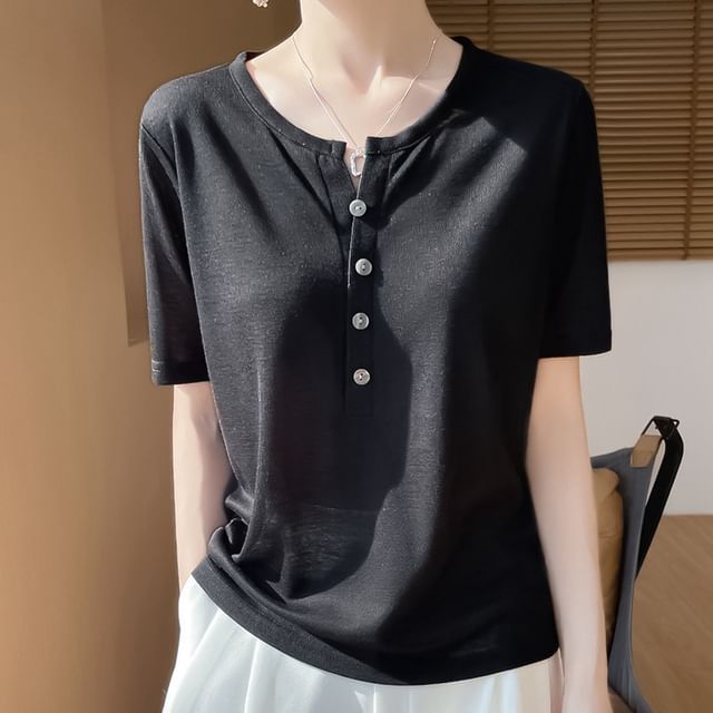 Weelop-Short-Sleeve Half Buttoned Plain T-Shirt