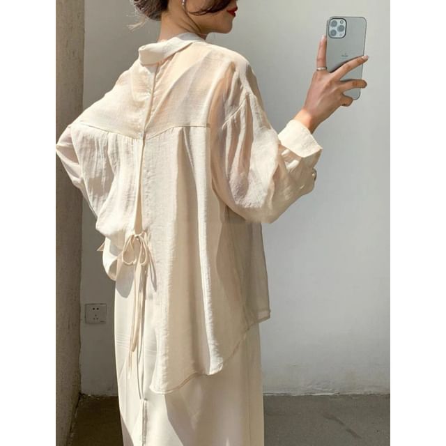 Lewwe-Long Sleeve Lapel Neck Loose Blouse