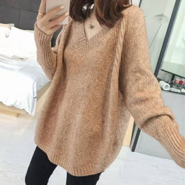 Lewwe-Long Sleeve V-Neck Oversized Sweater