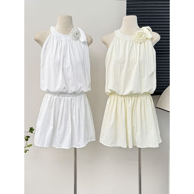 Lemongrass-Set Rosette Halter Bubble Top Mini Skirt