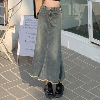 Denimot - High Waist Washed Fray Hem Midi Mermaid Denim Skirt | YesStyle