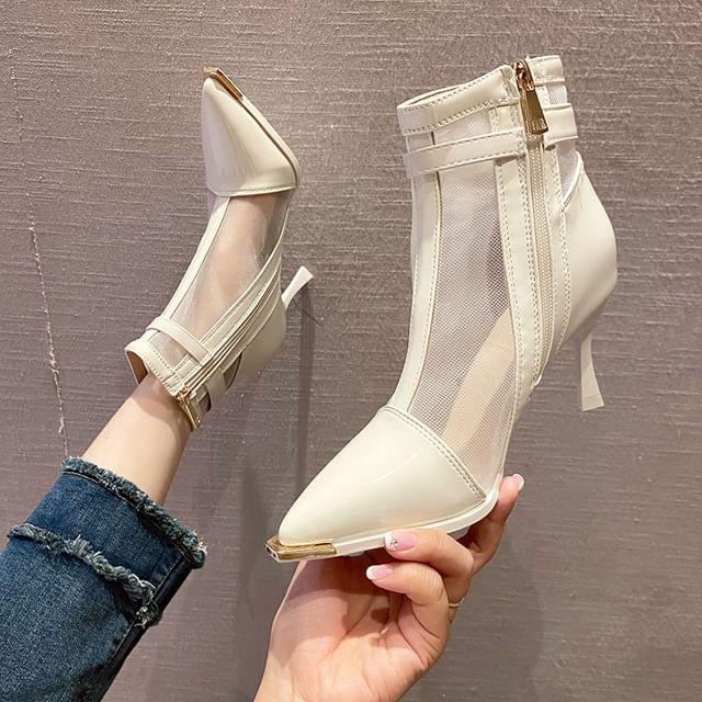 Asterisk-High Heel Mesh Panel Pointed Toe Short Boots