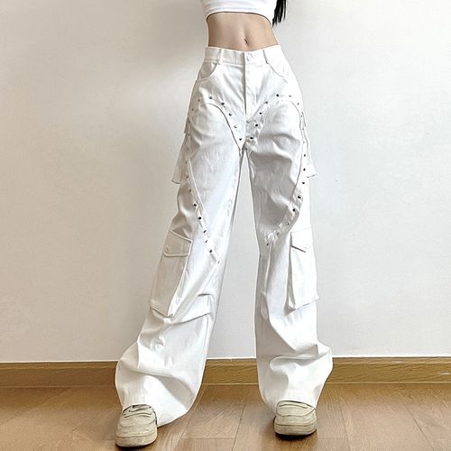 Low Waist Studded Straight-Fit Wide-Leg Cargo Pants