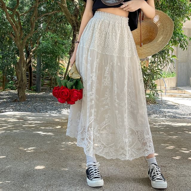 Juuri - High Waist Midi A-Line Lace Skirt | YesStyle
