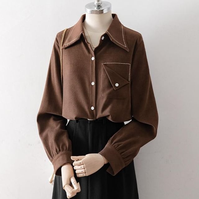 Cossita-Long Sleeve Lapel Collared Stitching Shirt