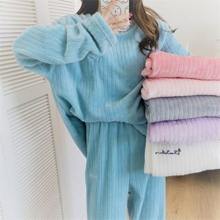 Moon City - Pajama Set: Ribbed Fleece Sweatshirt + Lounge Pants | YesStyle
