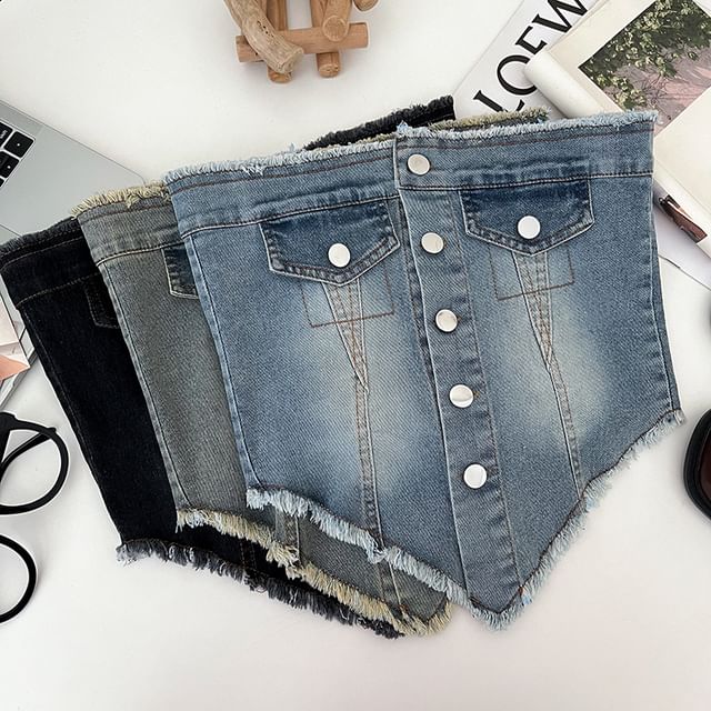 DIYI-Strapless Washed Button Down Denim Crop Top